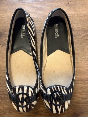 Michael Kors Black and White Zebra-Print Logo Ballet Flats